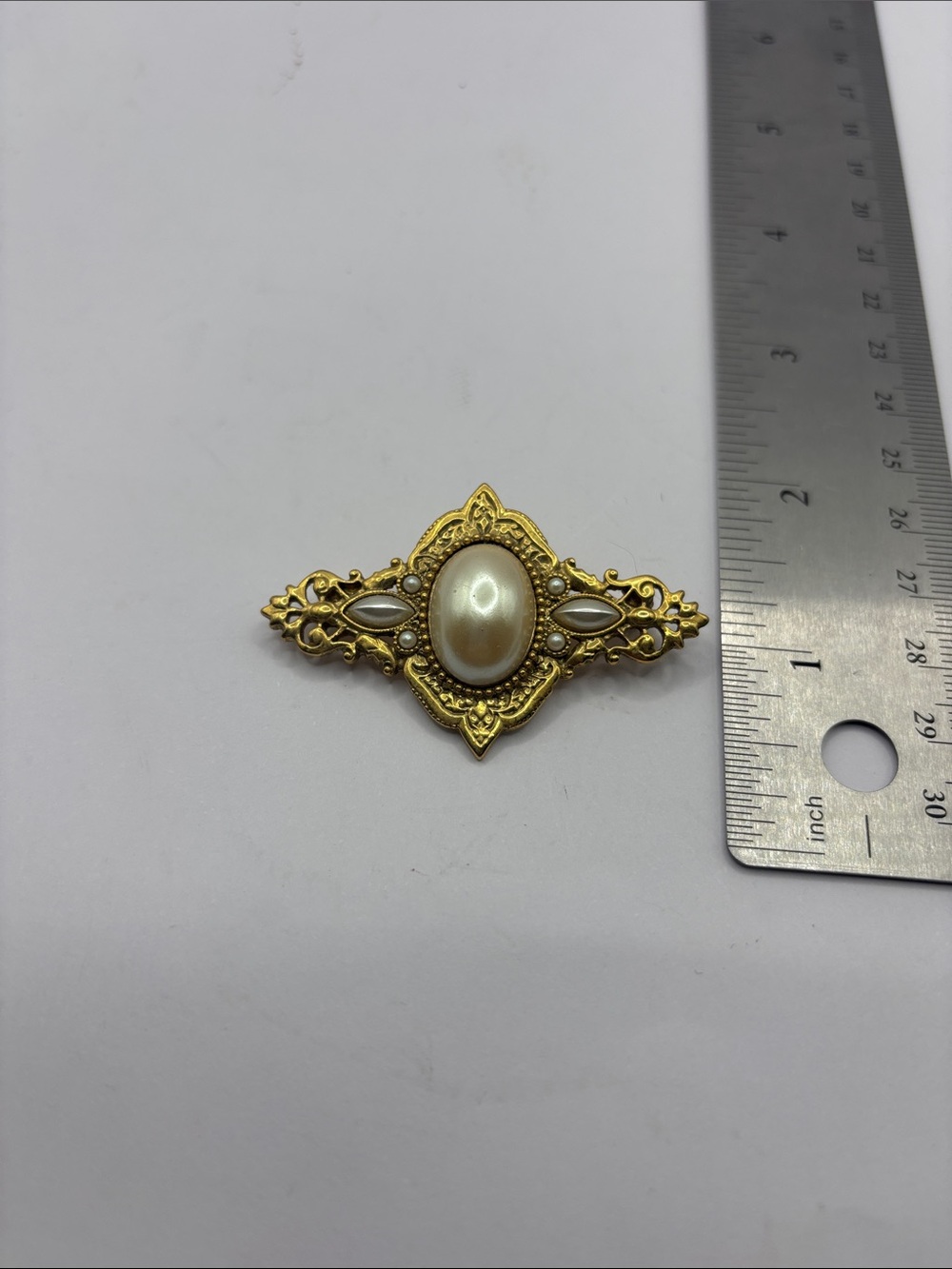 Gold-Tone Pearl Ornate Brooch - Classic Women's Jewelry